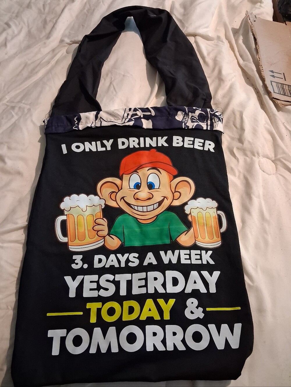 Hand Sewn Black Beer-Themed Tote Bag with Cartoon Design